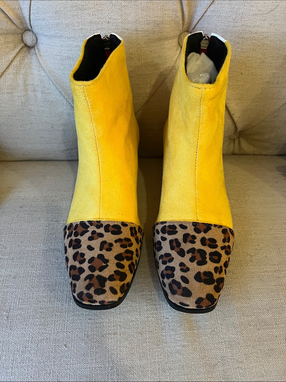 Yellow Suede Ankle Booties with Leopard Toe Cap